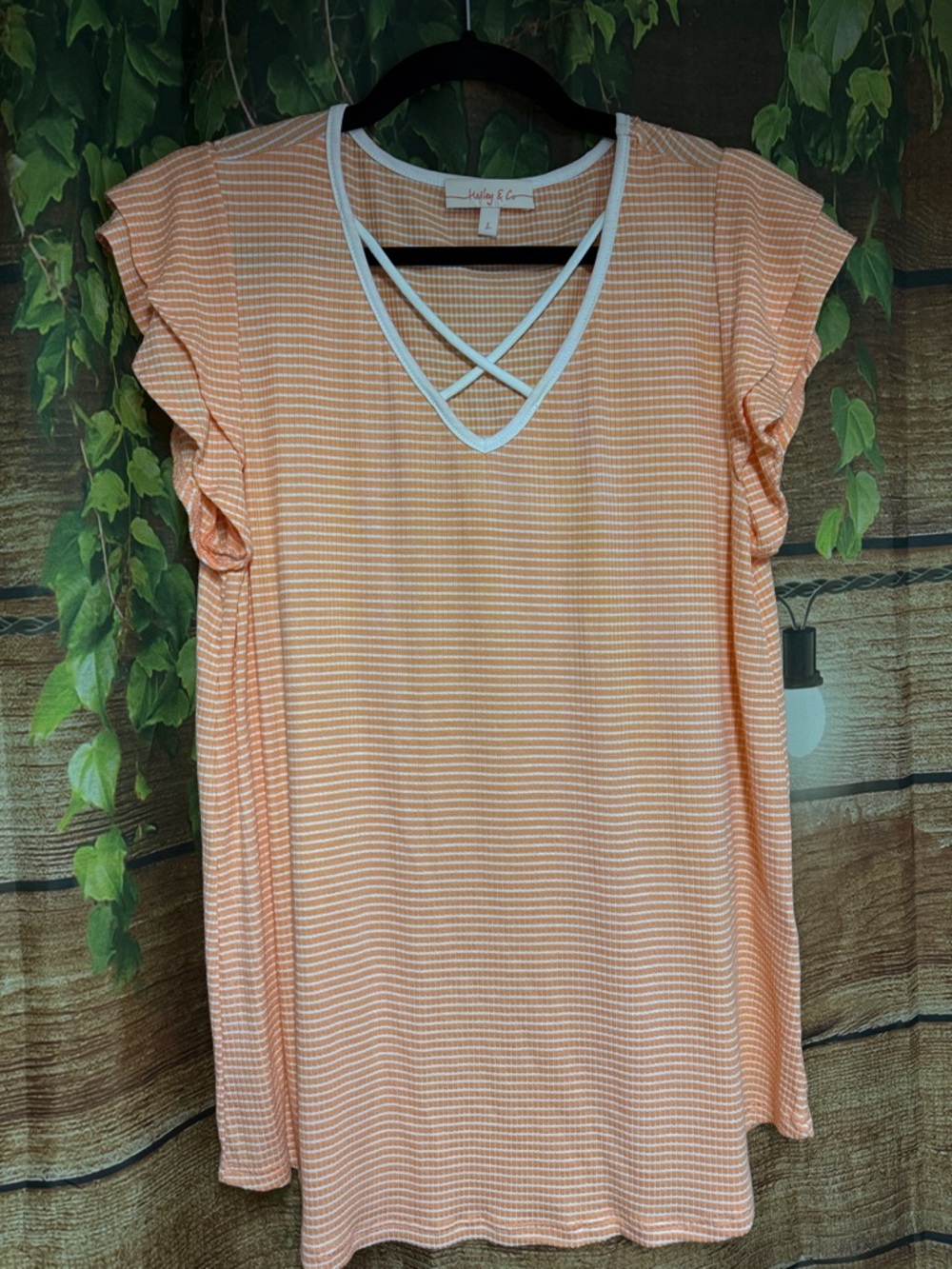 Judy & Co. Women's Peach Stripe Short Sleeve Crisscross Tee